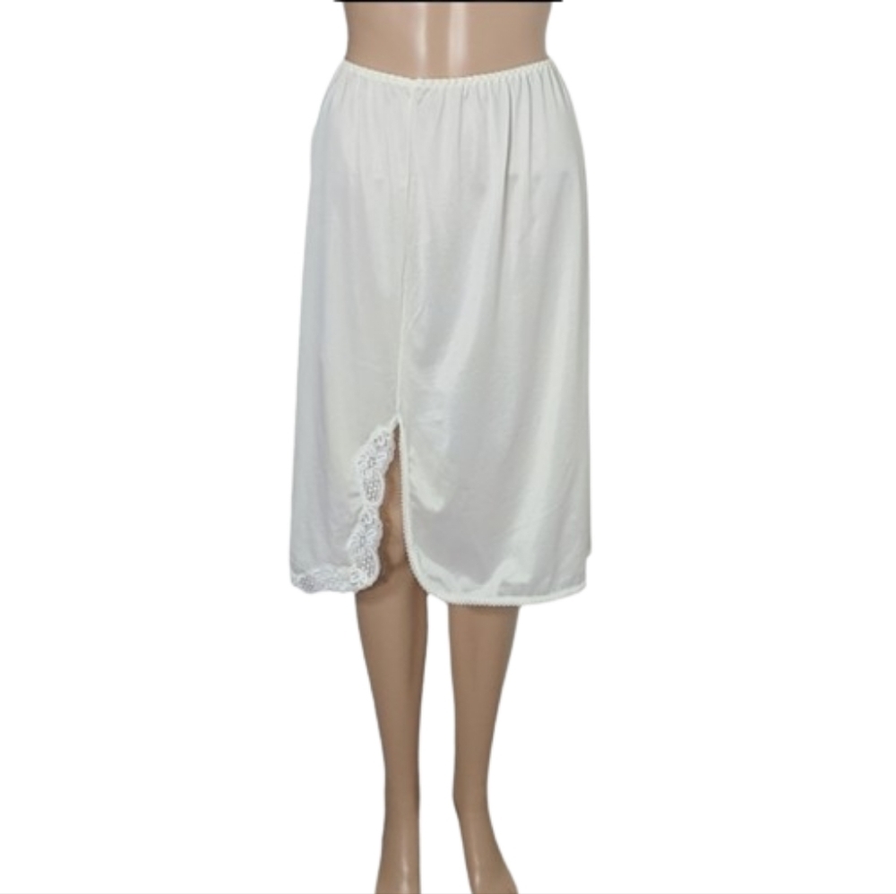 Vintage Sears Tradition Half Slip Skirt 80s Beige Lace Trim Side Slit Slip L/42